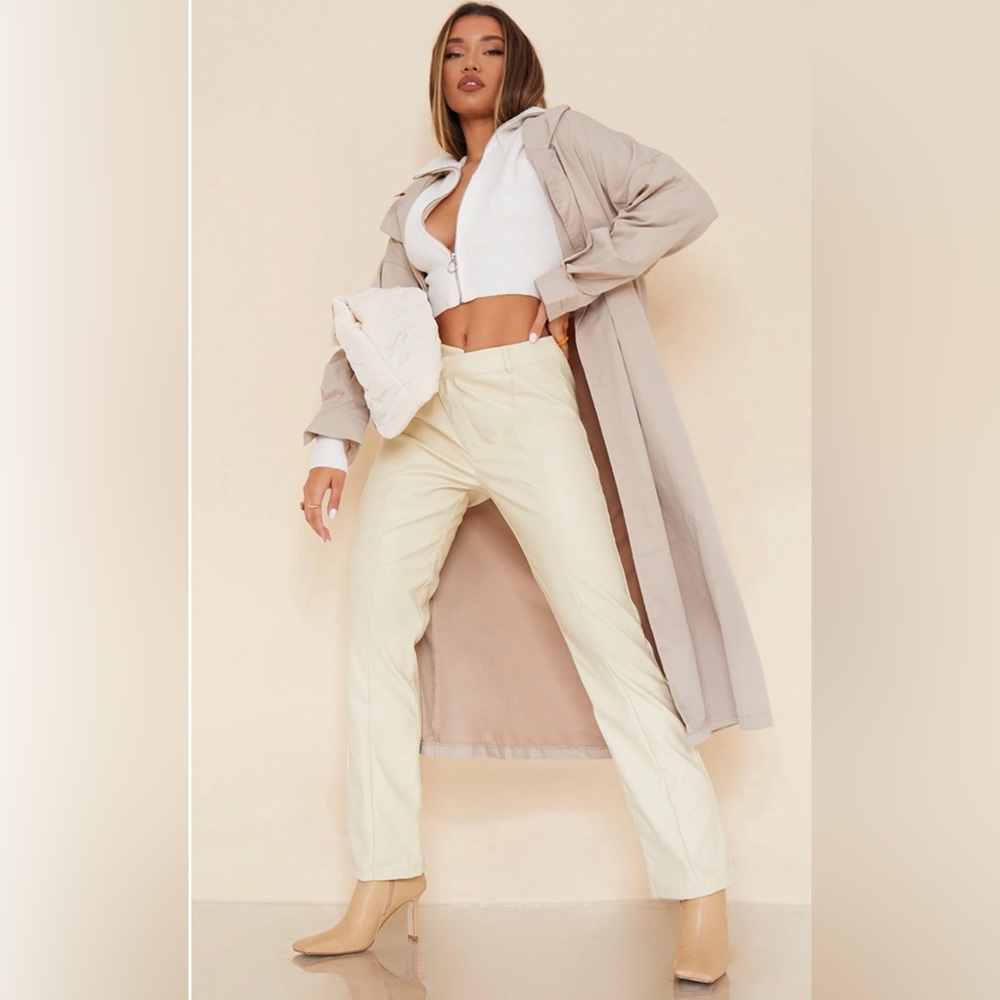 Cream Faux Leather V Front Skinny Pants